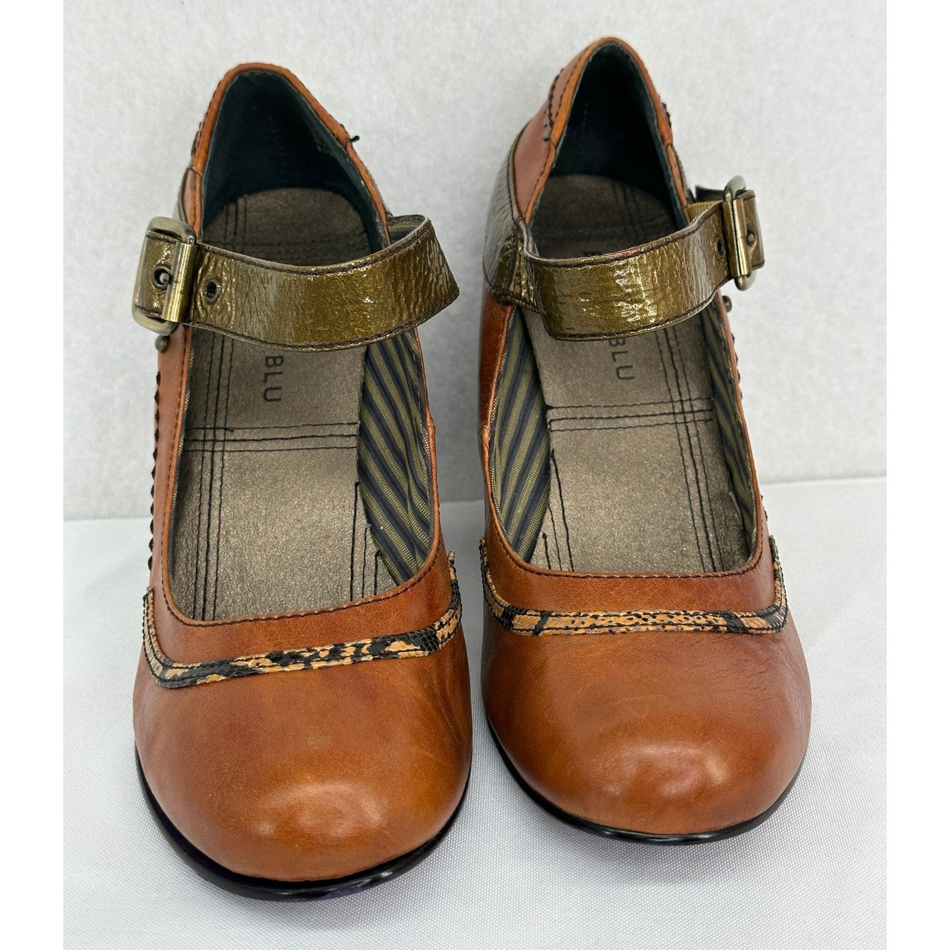 Bobbi Blu Spruce Anthropologie Patchwork Heel Brown Leather Mary Jane Heels 6.5M