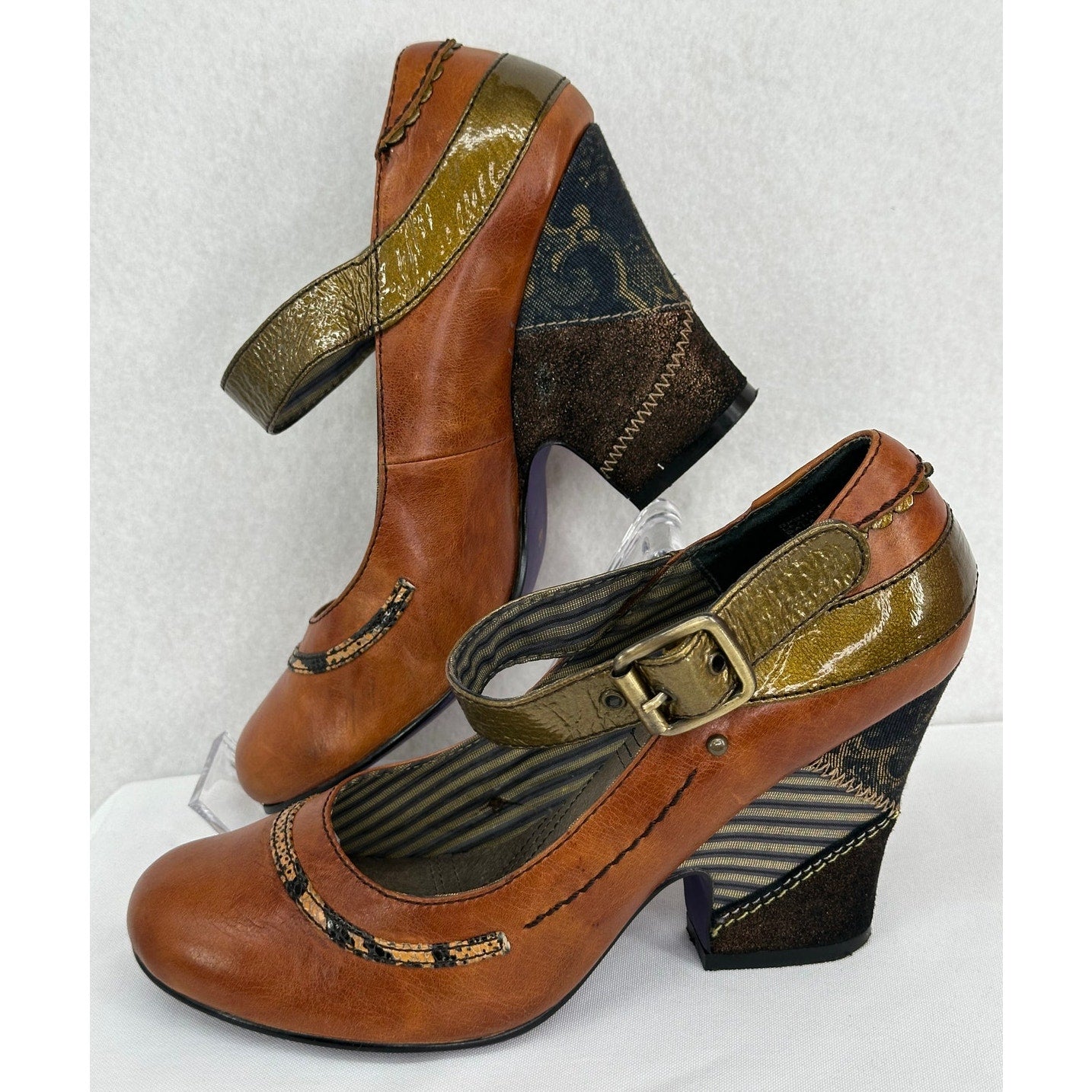 Bobbi Blu Spruce Anthropologie Patchwork Heel Brown Leather Mary Jane Heels 6.5M