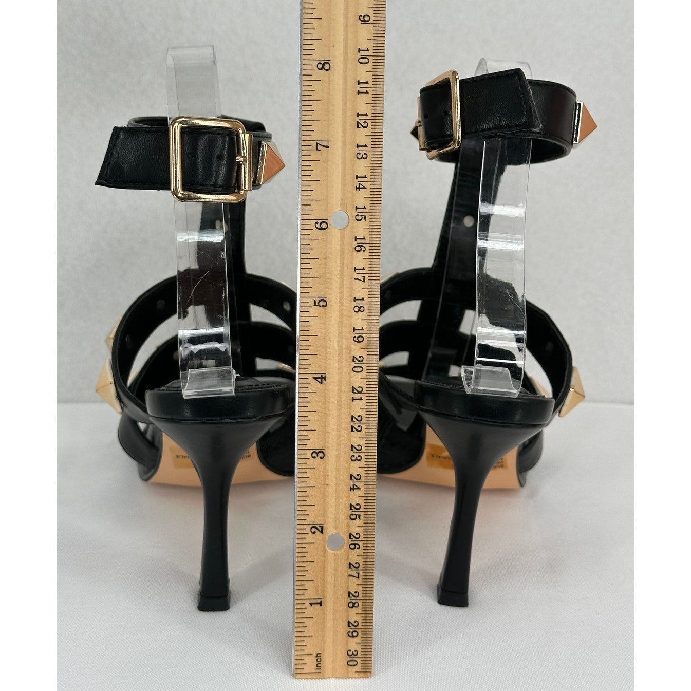 Steve Madden Buker Black Sandal Heels with Gold Studs Ankle Strap Buckle 7M