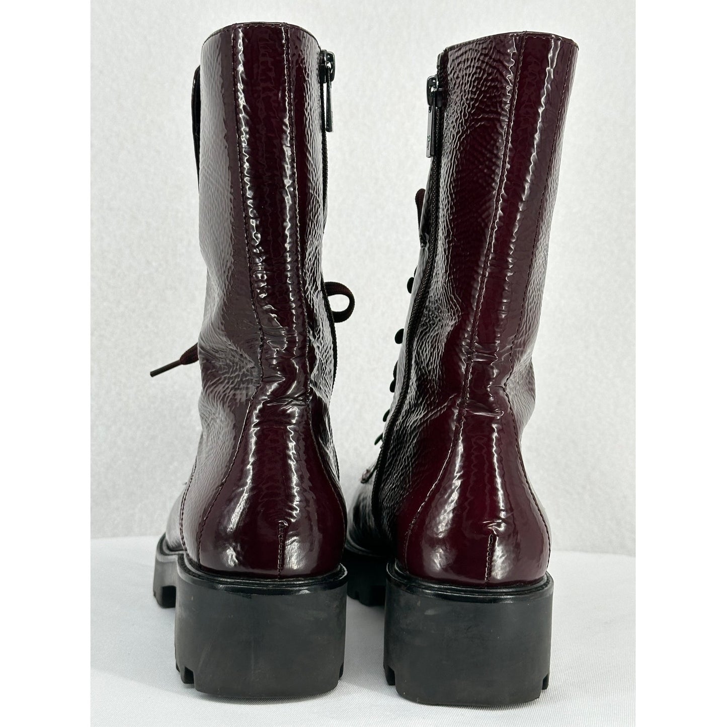 Donald J Pliner Elyas Burgundy Patent Leather Lugged Sole Moto Boots 7.5M