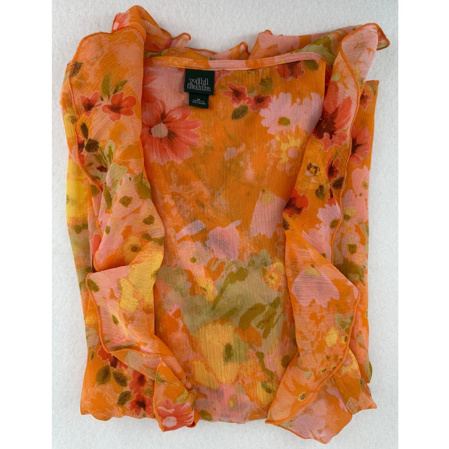 Wild Fable Ruffle Floral Orange Sheer Duster Cover Up Jacket Kimono Boho M