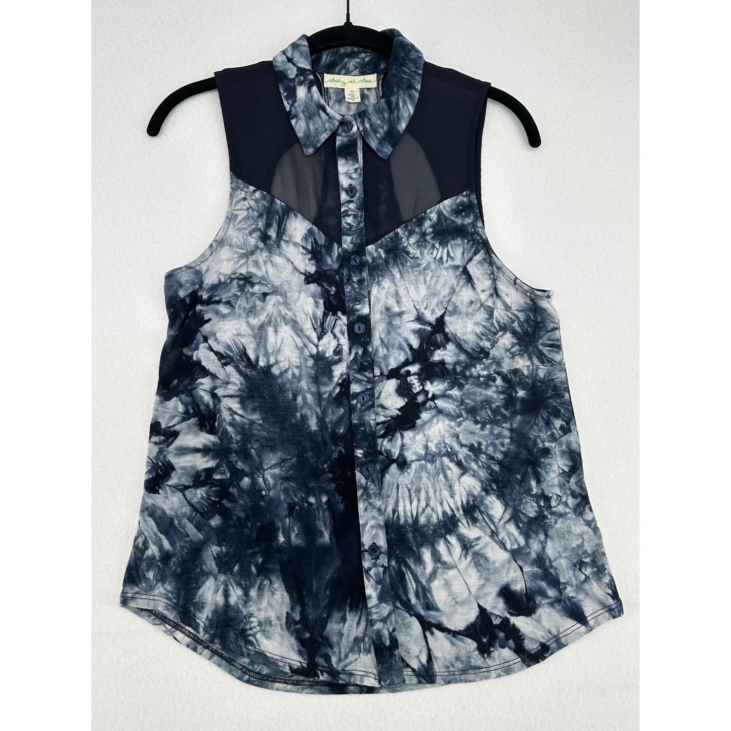Staring At Stars Sleeveless Blue Tie-Dye Sheer Panel Button Top S