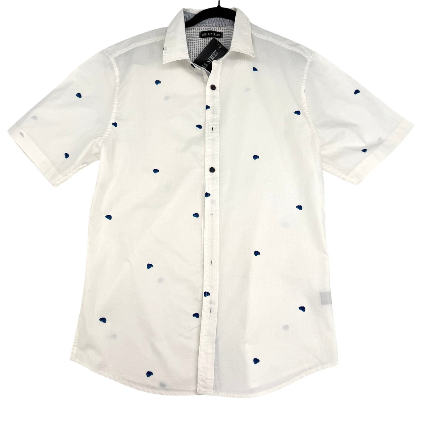 Belle Street White Blue Dot Pattern Button Up Short Sleeve Casual Shirt L NWT