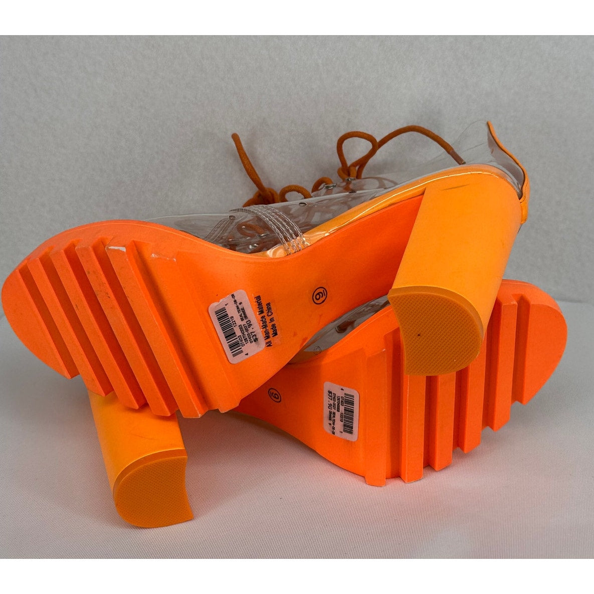 Pazzle Clear Lace Up Chunky Lug Neon Orange Sole Boots 9