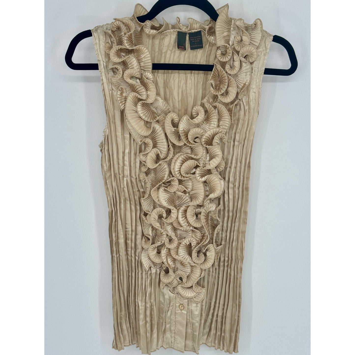 Serenade Women L Sleeveless Gold Ruffled Pleated Top Party Wear Dressy Classy