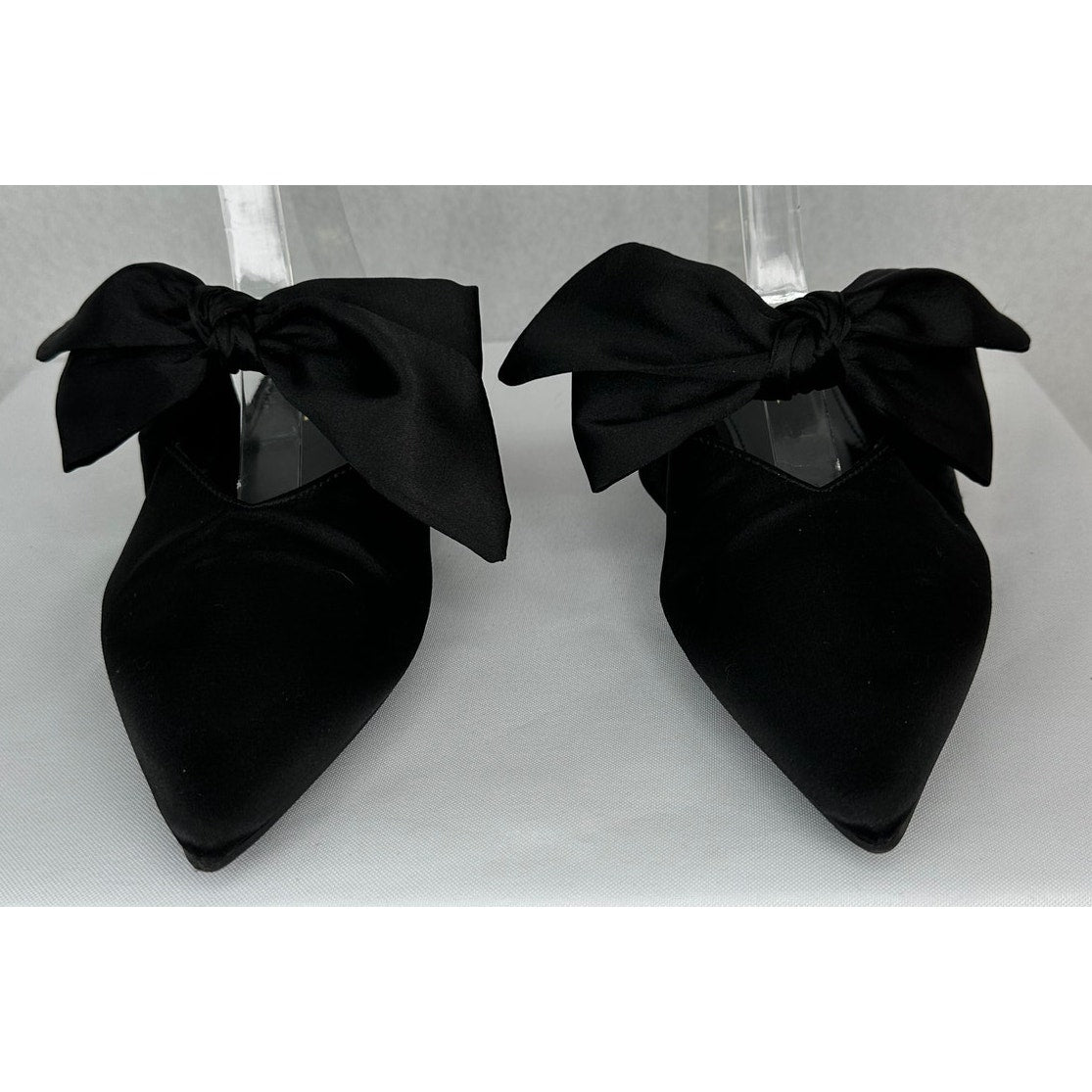 Lulus Sylviee Black Satin Pointed Toe Bow Mules Flats Party Shoes 8