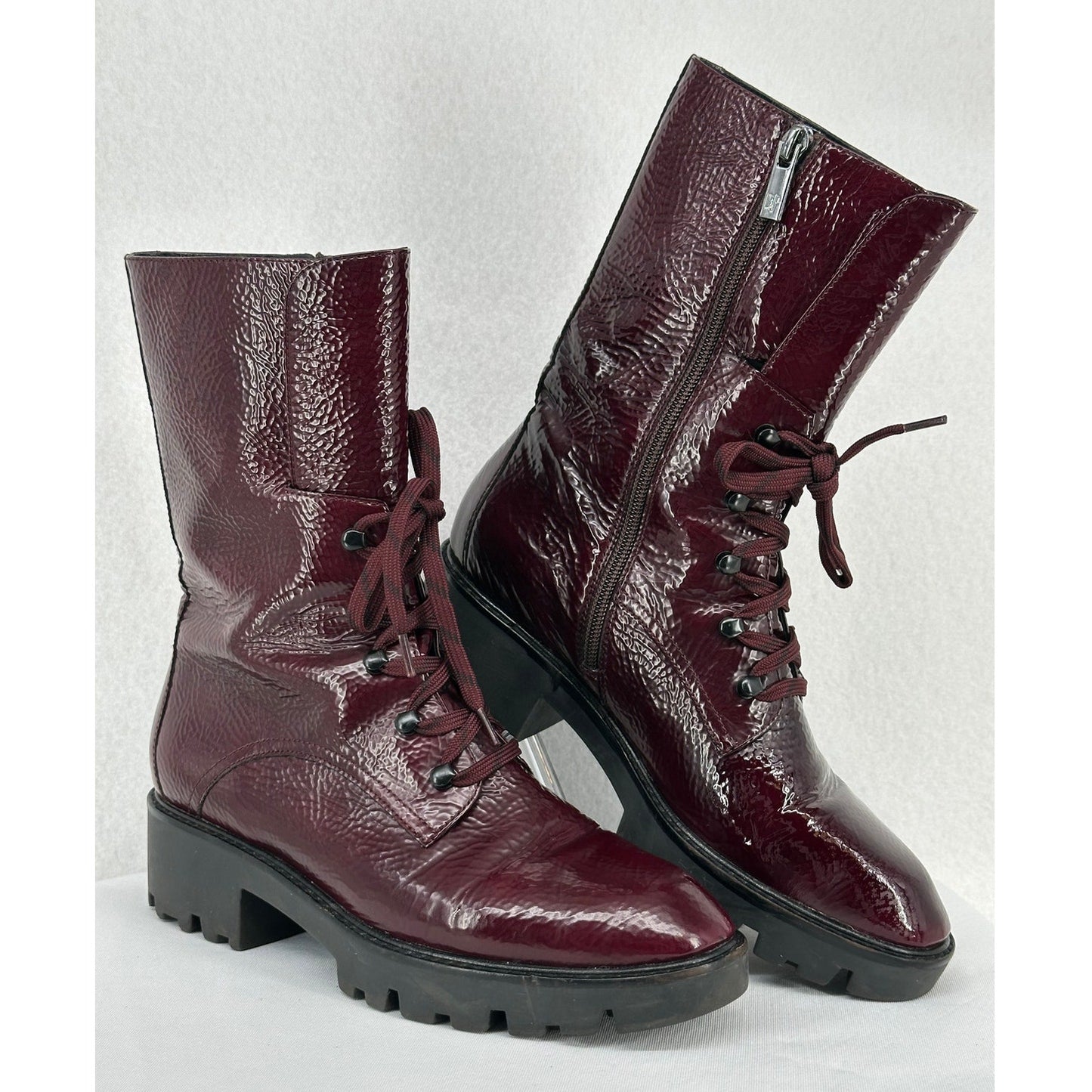 Donald J Pliner Elyas Burgundy Patent Leather Lugged Sole Moto Boots 7.5M