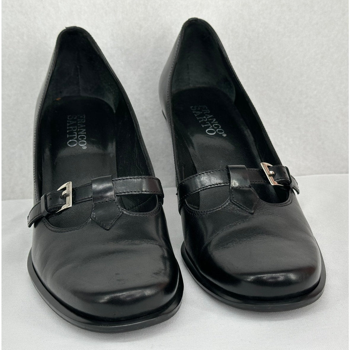 Franco Sarto Black Leather Mary Jane T Strap Round Toe Chunky Block Heels 7M