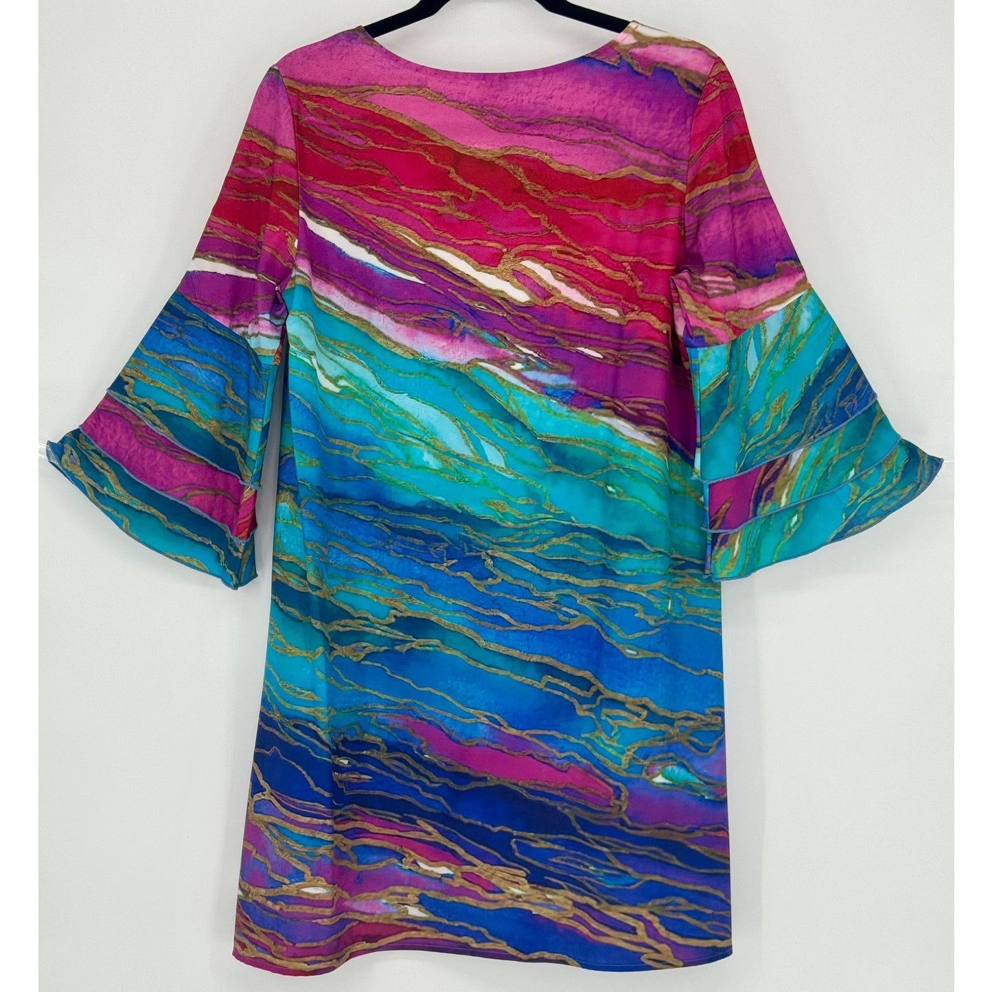 V-Neck Ruffled Tier Sleeve Multicolored Abstract Watercolor Dress Womens M