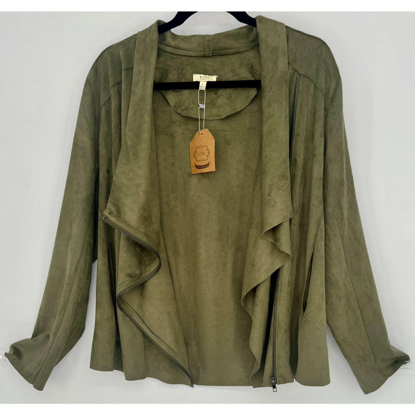 NWT Kori America Womens Faux Suede Asymmetric Full Zip Jacket w/ Pockets Size L
