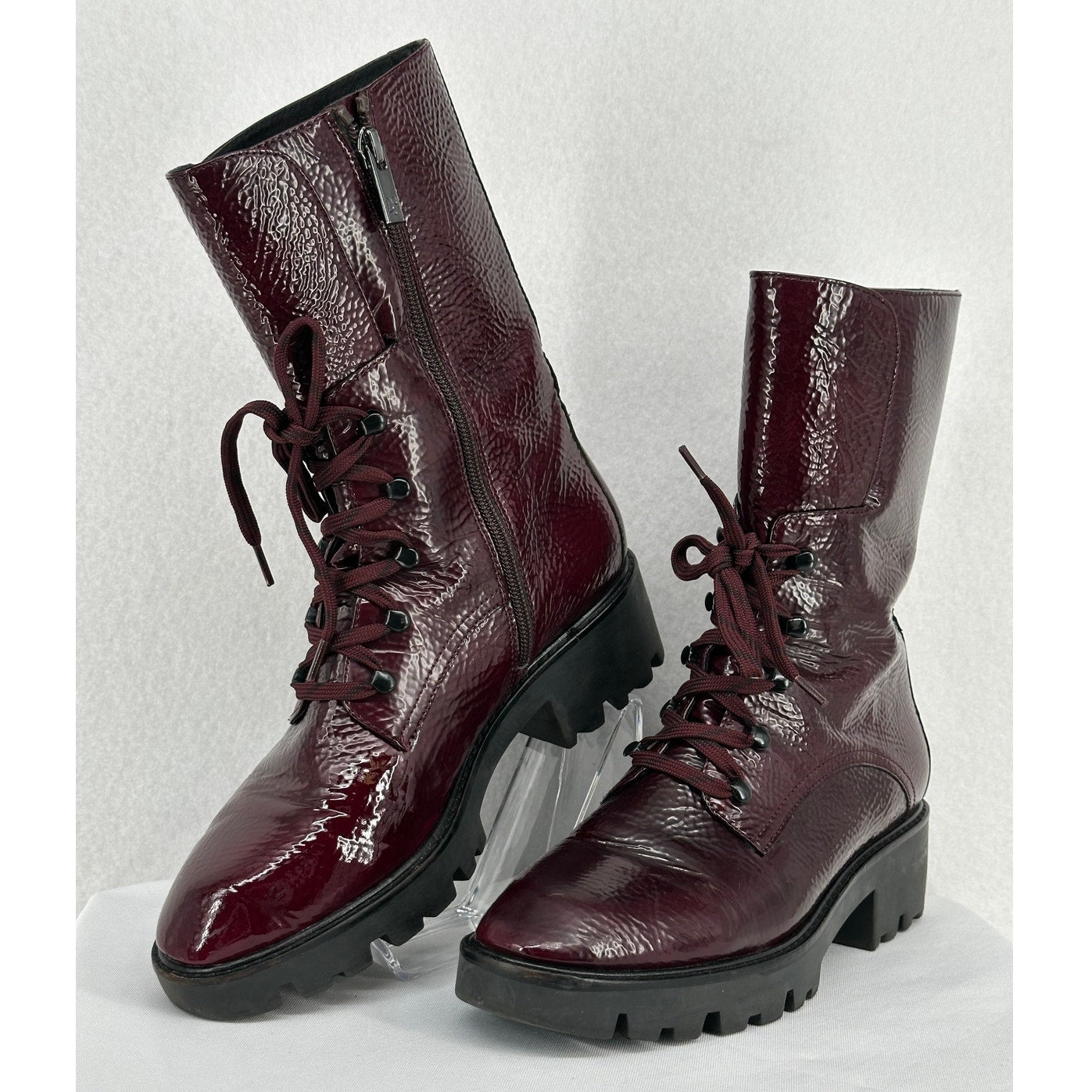 Donald J Pliner Elyas Burgundy Patent Leather Lugged Sole Moto Boots 7.5M