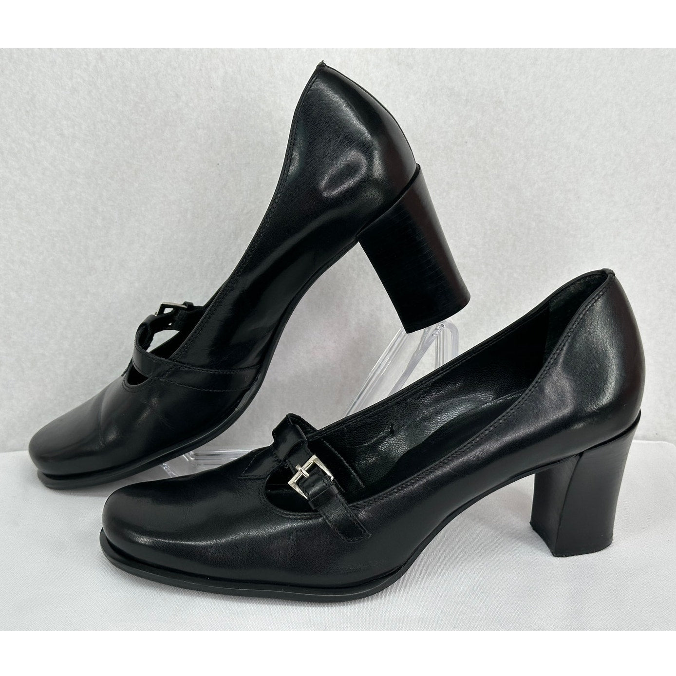 Franco Sarto Black Leather Mary Jane T Strap Round Toe Chunky Block Heels 7M