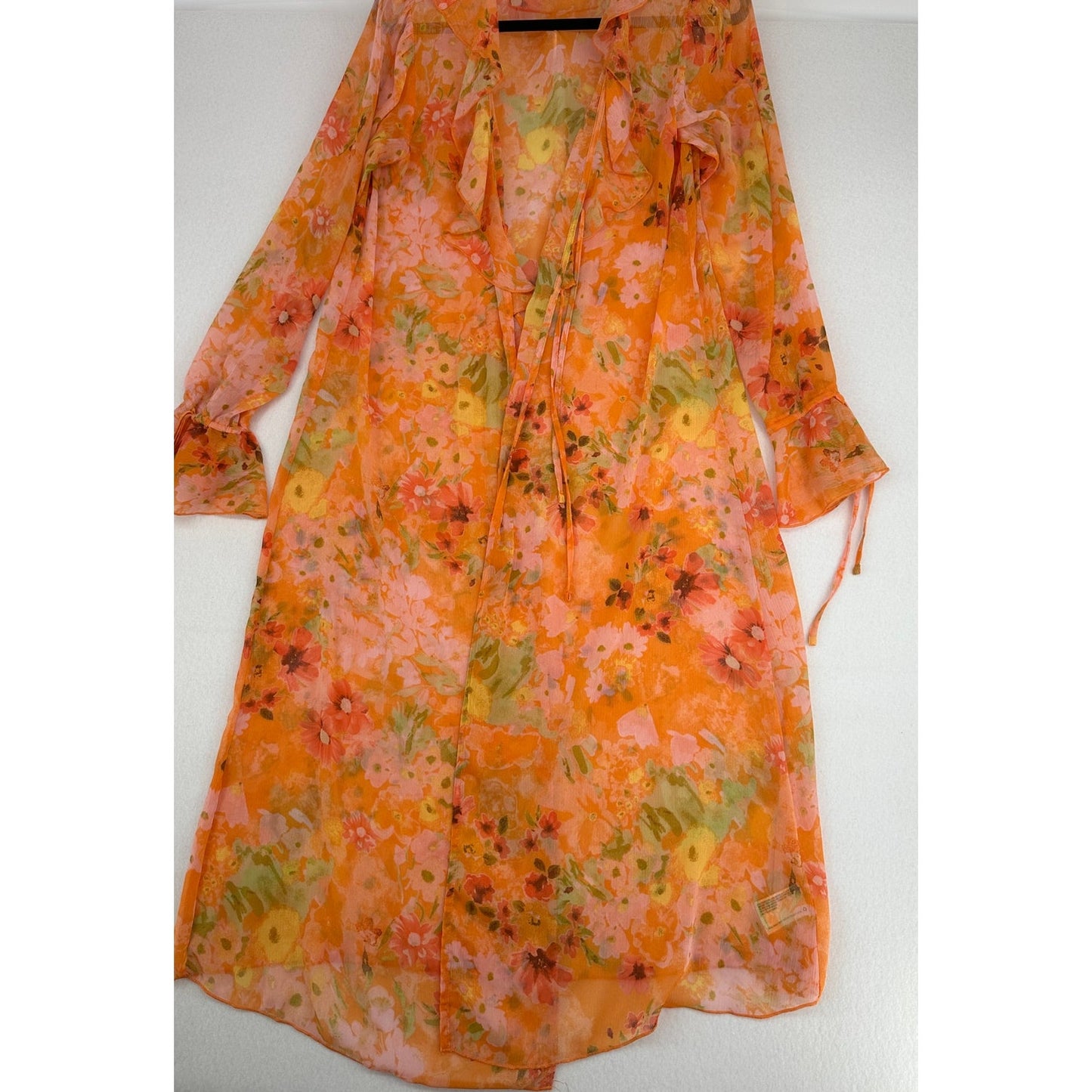 Wild Fable Ruffle Floral Orange Sheer Duster Cover Up Jacket Kimono Boho M