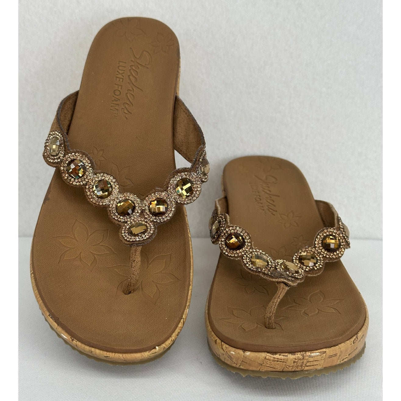 Skechers Luxe Foam Jeweled WedgeHeel Thong Brown Sandals Beach Sandal Party 9