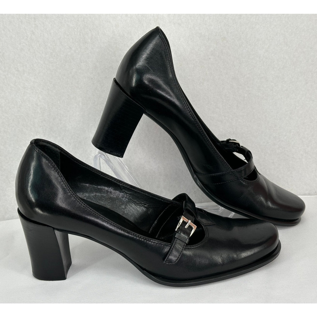 Franco Sarto Black Leather Mary Jane T Strap Round Toe Chunky Block Heels 7M