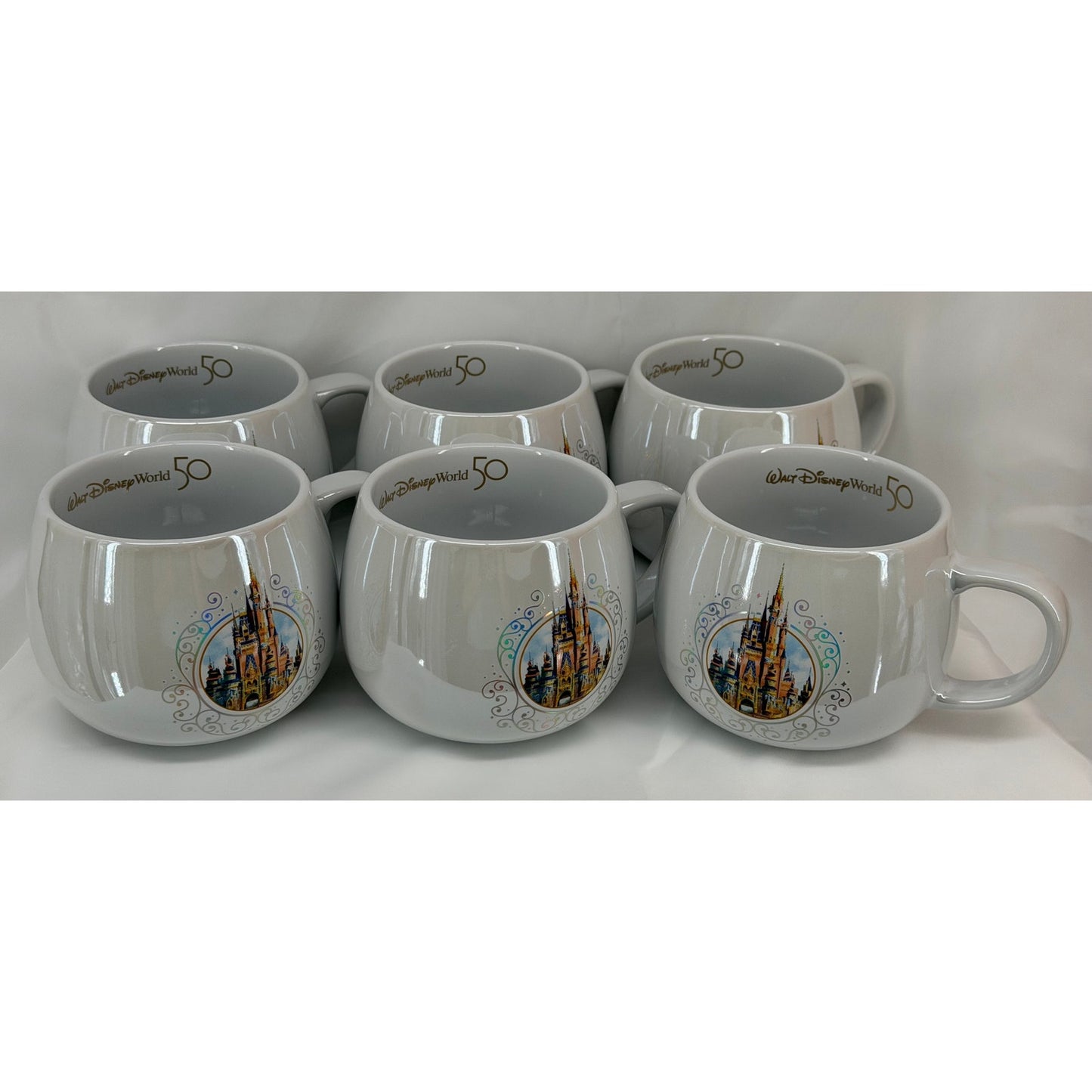 Walt Disney World 50th Anniversary Coffee Cup Mugs Stoneware - Gold Trim Set 6