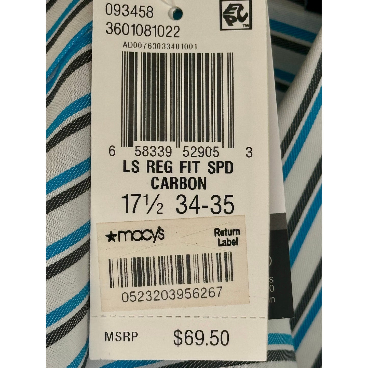 Sean John Striped Long Sleeve Shirt Size 17 1/2 Sleeve 34-35 Regular Fit NWT