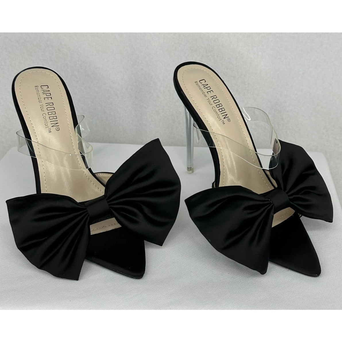 Cape Robbin Marceline Bow Clear Pointy Toe High Heels Black Formal Holiday 8