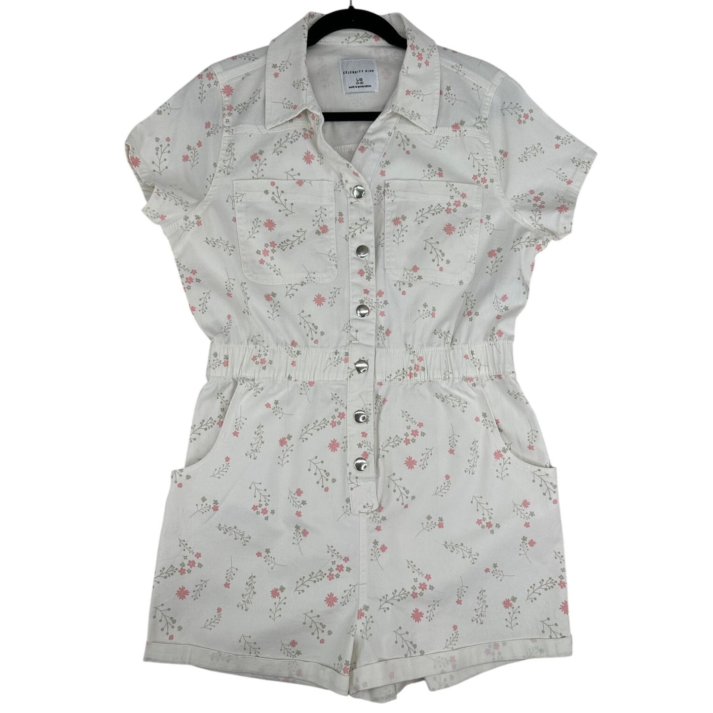 Celebrity Pink Cream with Pink Flowers Short Boilersuit Romper Button Up L 11-13