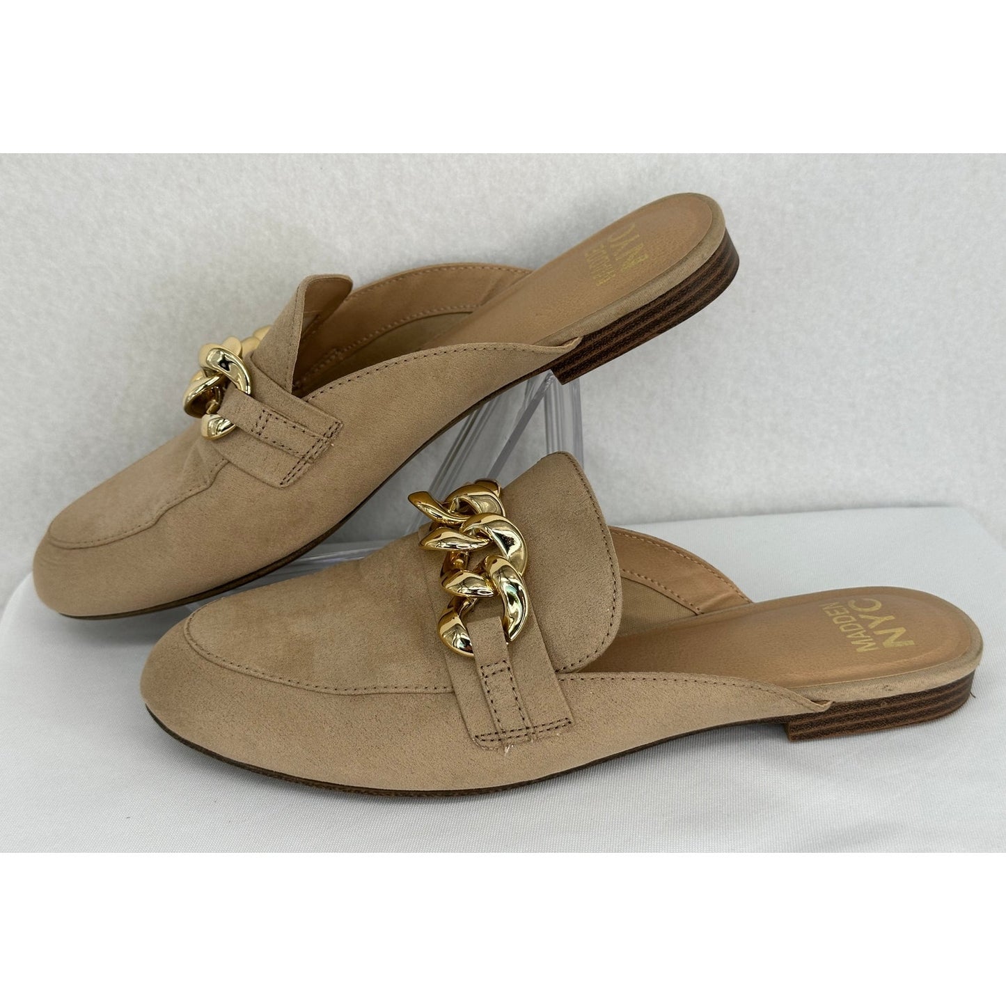 Madden NYC Mule Slip On Flats Tan with Gold Chain Accent 9