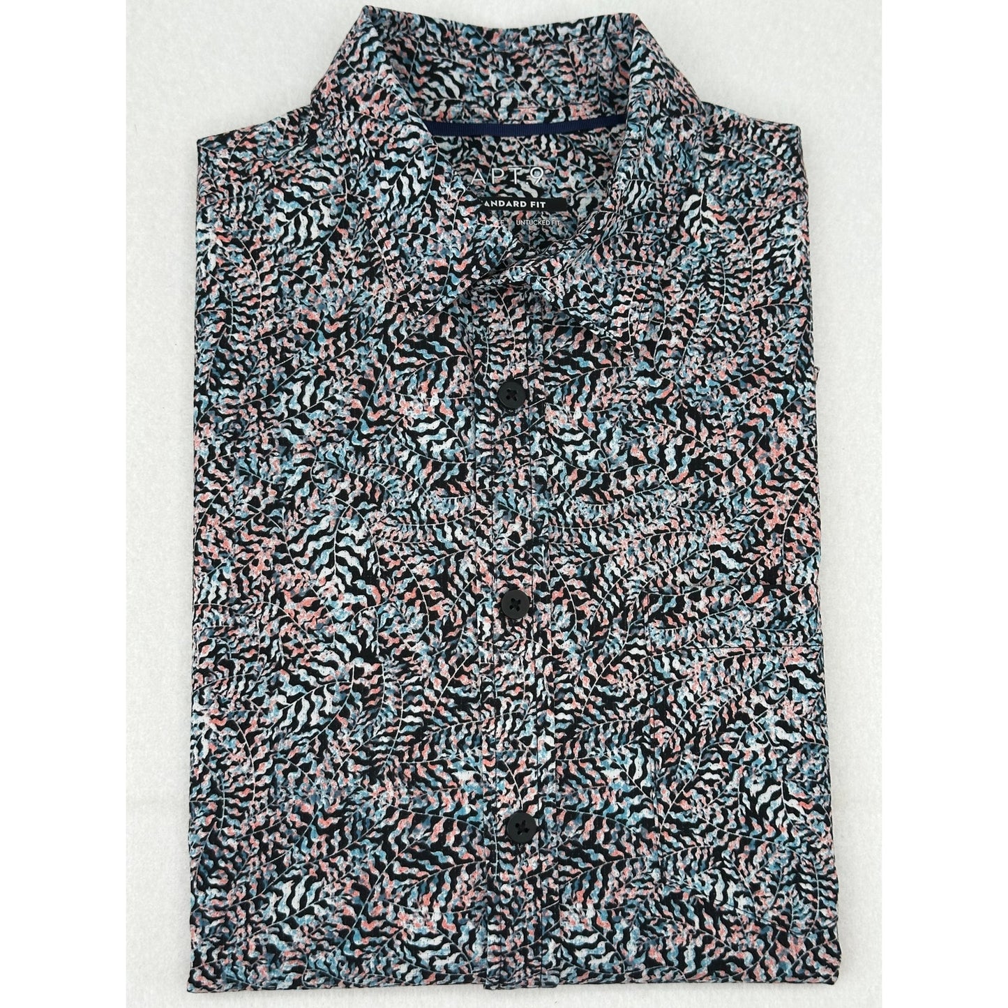 Apt 9 Standard Fit Button Down Black w/Fern Design Short Sleeve M