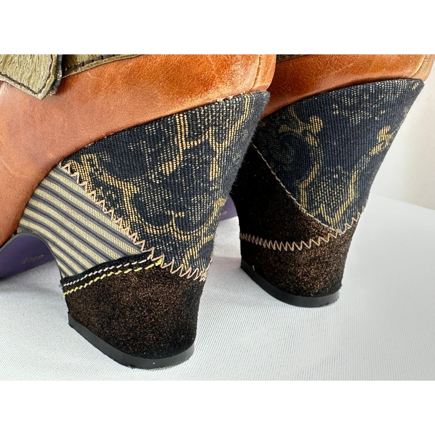 Bobbi Blu Spruce Anthropologie Patchwork Heel Brown Leather Mary Jane Heels 6.5M