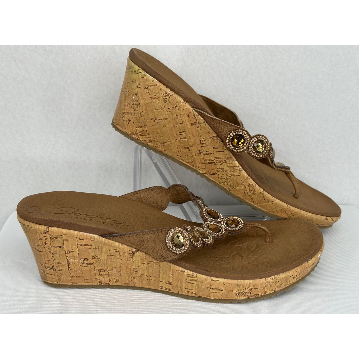 Skechers Luxe Foam Jeweled WedgeHeel Thong Brown Sandals Beach Sandal Party 9