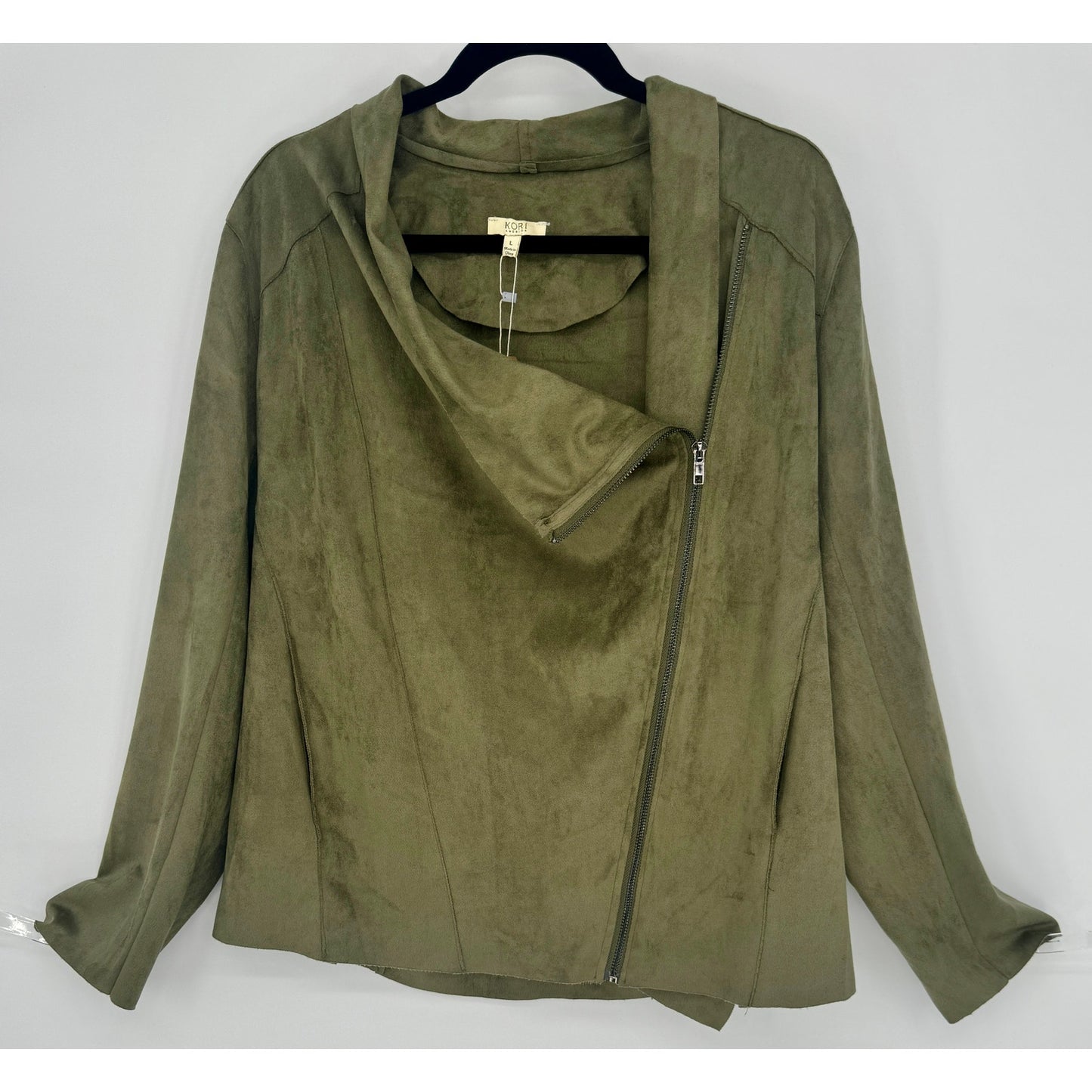 NWT Kori America Womens Faux Suede Asymmetric Full Zip Jacket w/ Pockets Size L