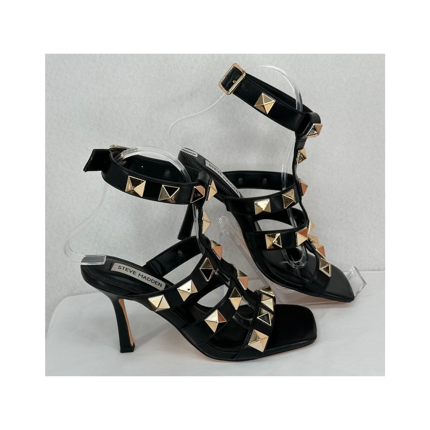 Steve Madden Buker Black Sandal Heels with Gold Studs Ankle Strap Buckle 7M