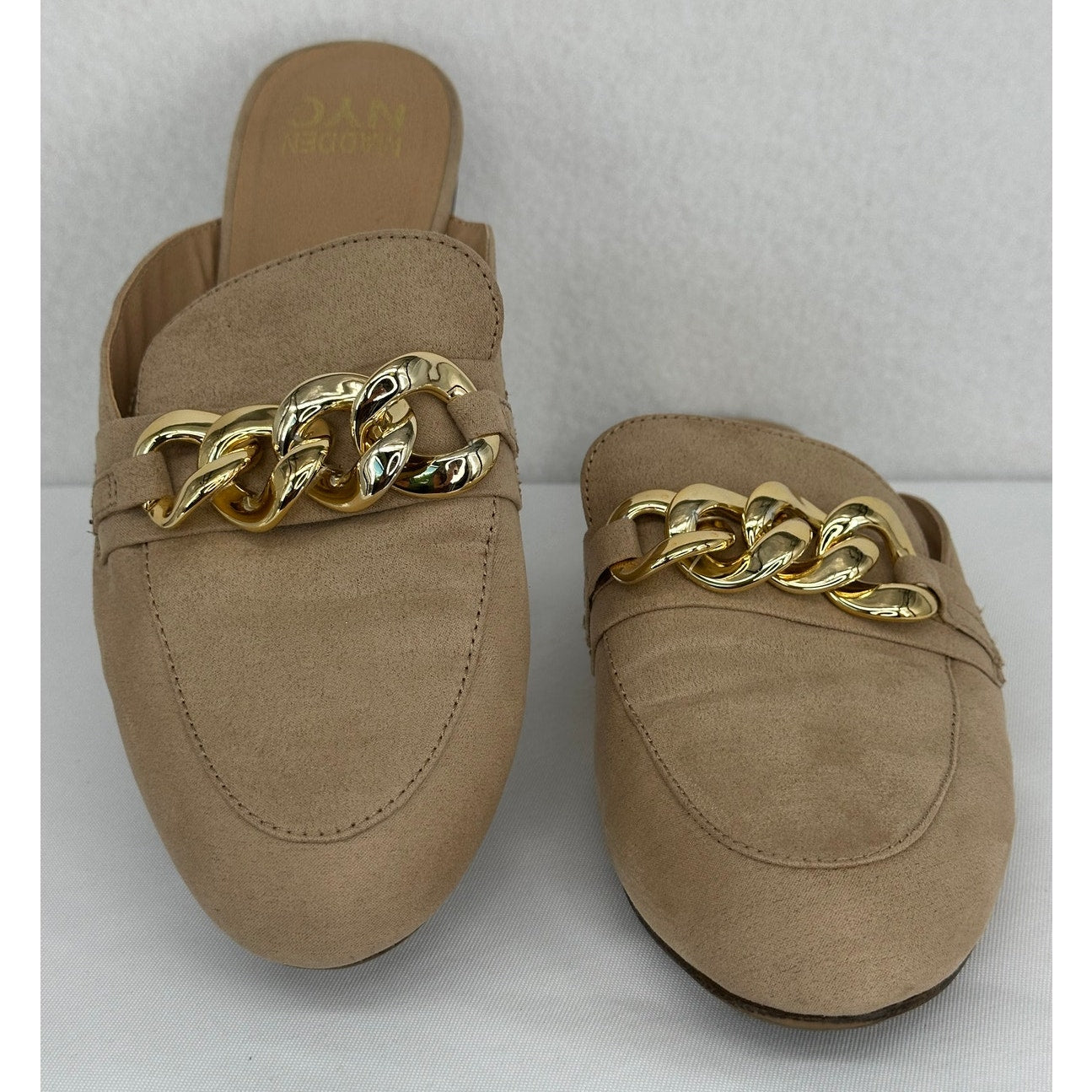 Madden NYC Mule Slip On Flats Tan with Gold Chain Accent 9