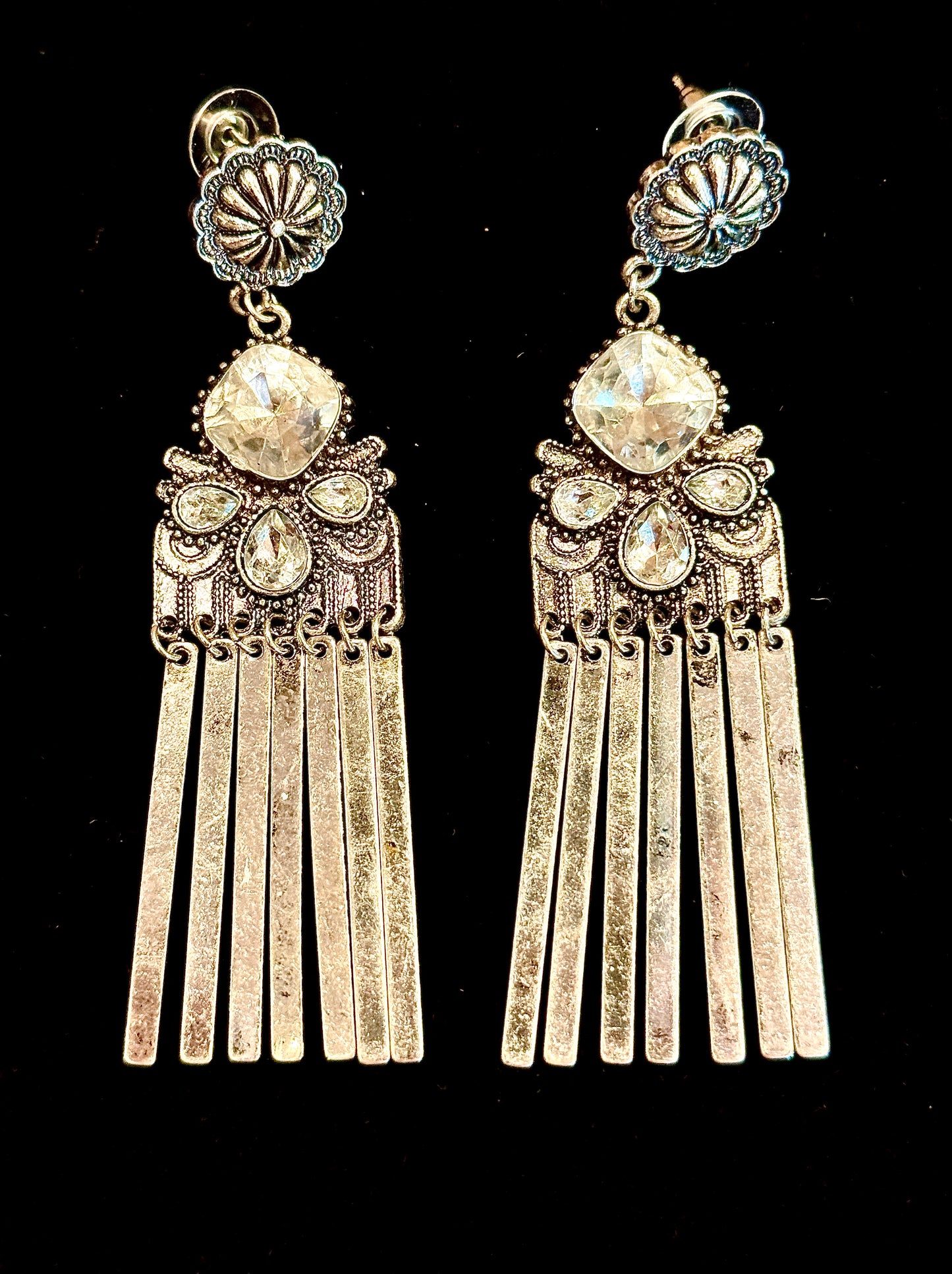 Worn Silver Rhinestone Flower Dangle Earrings