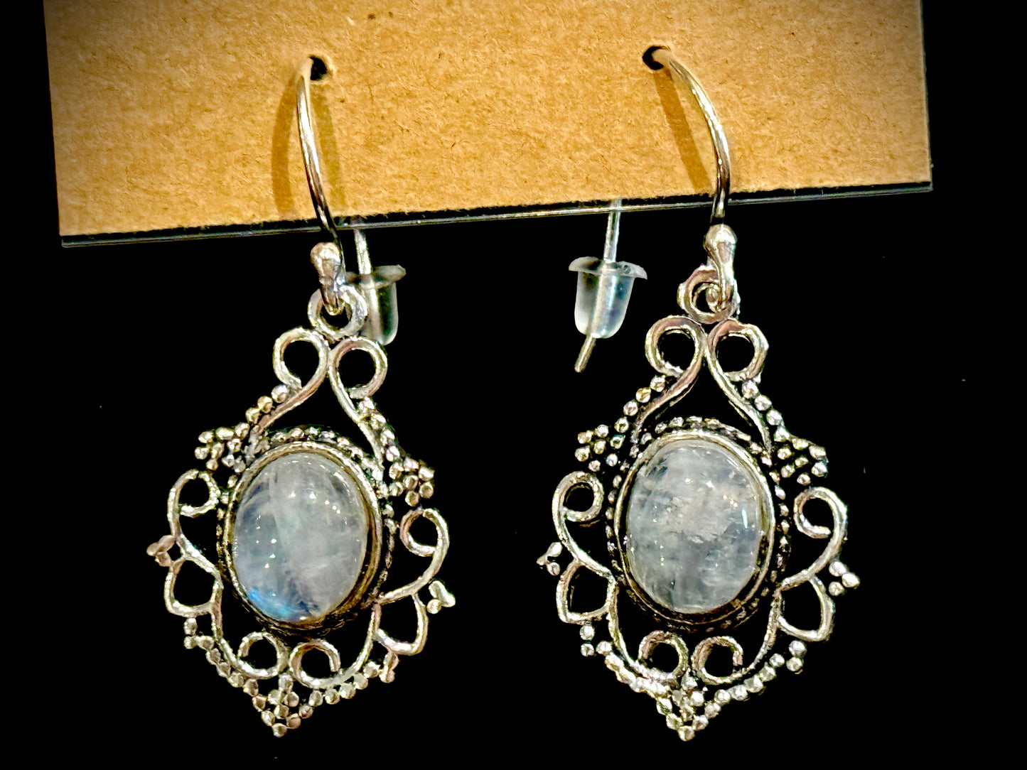 Silver Rainbow Moonstone Oval Earrings