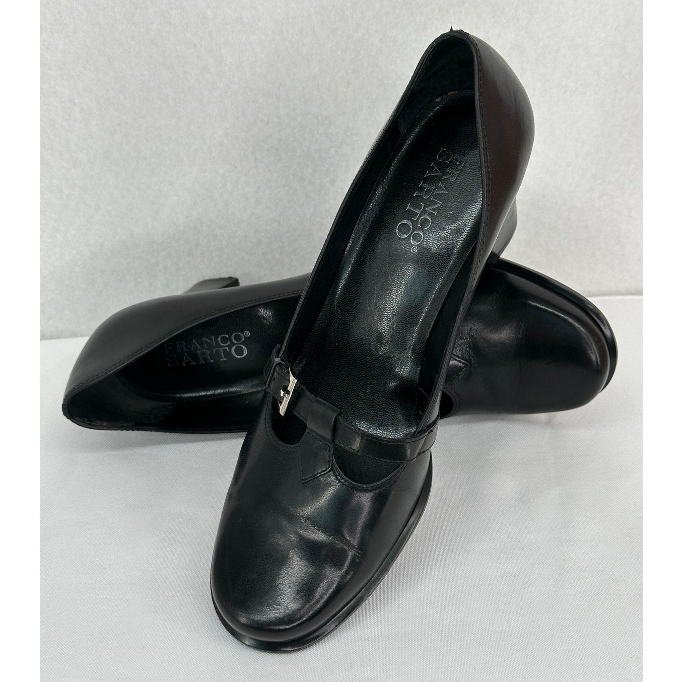 Franco Sarto Black Leather Mary Jane T Strap Round Toe Chunky Block Heels 7M