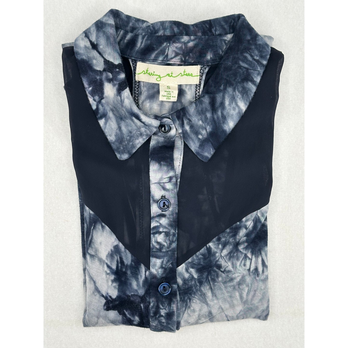 Staring At Stars Sleeveless Blue Tie-Dye Sheer Panel Button Top S