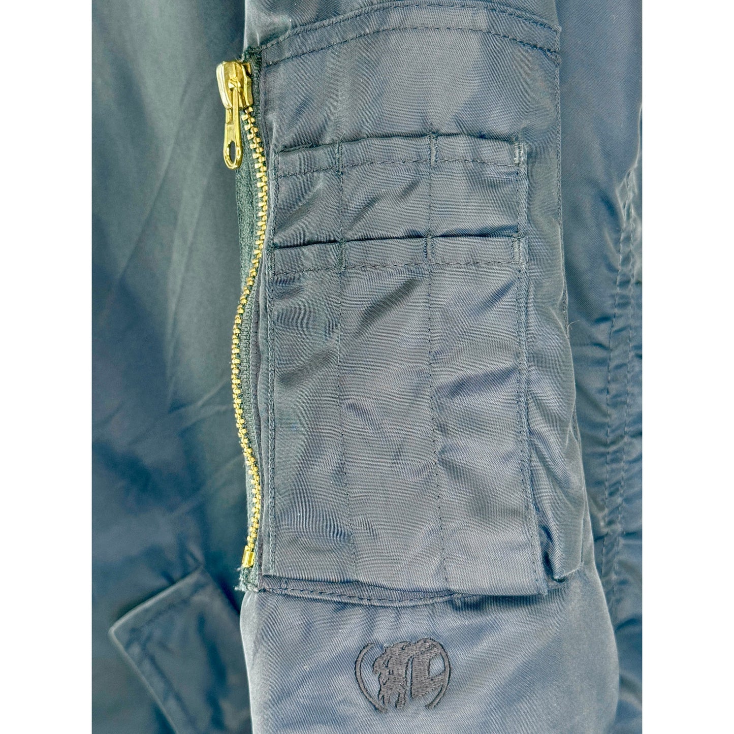 CLENCH Men M Jeans Nylon Bomber Jacket Navy w/ Heavy Orange Lining Winter Coat