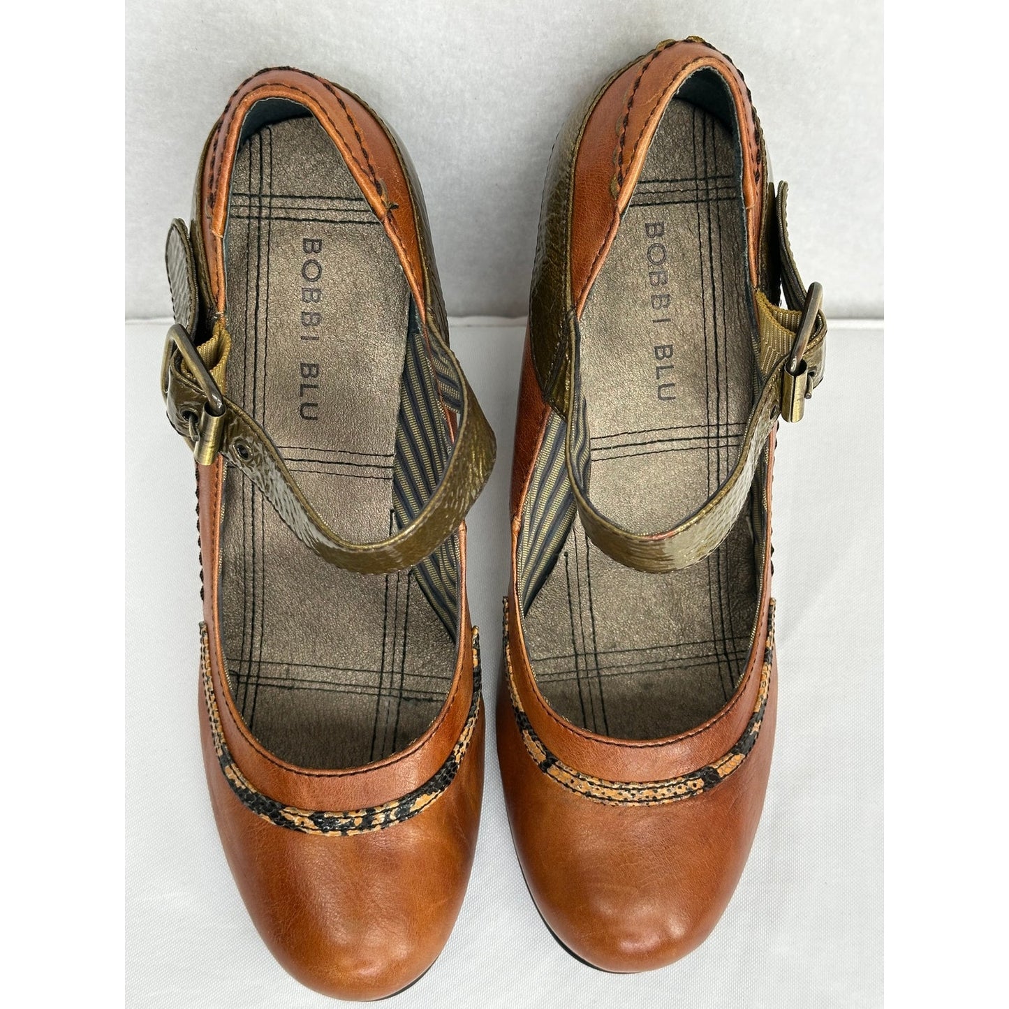 Bobbi Blu Spruce Anthropologie Patchwork Heel Brown Leather Mary Jane Heels 6.5M