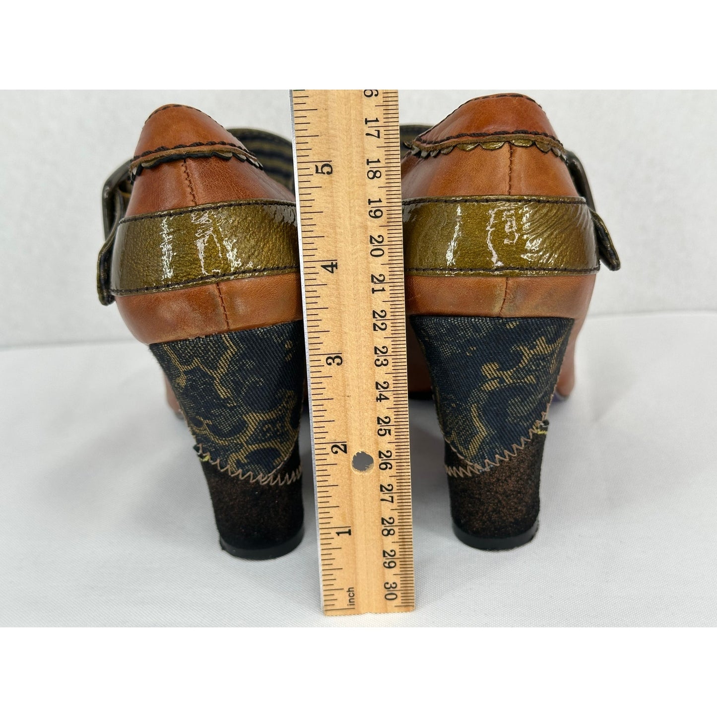 Bobbi Blu Spruce Anthropologie Patchwork Heel Brown Leather Mary Jane Heels 6.5M