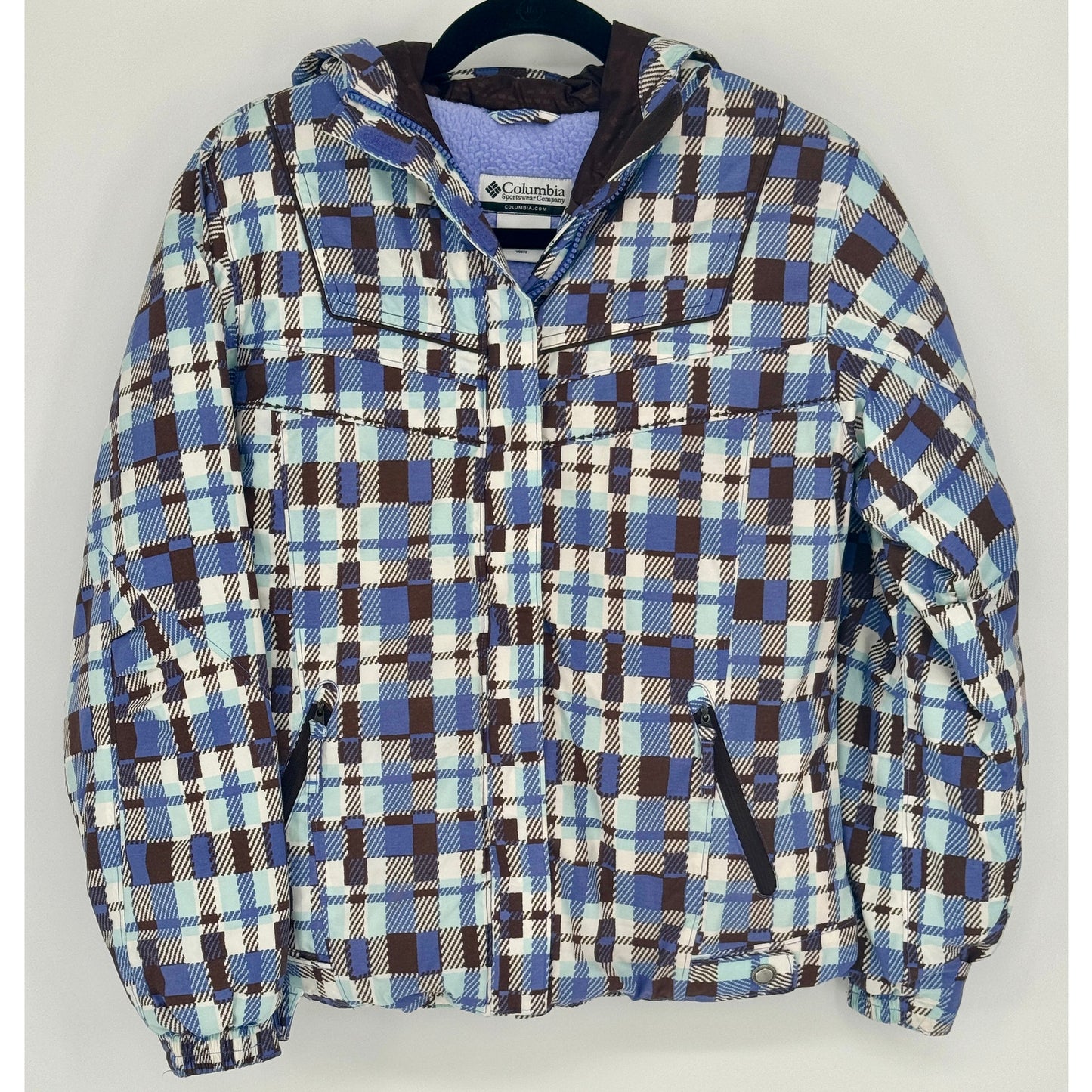Columbia Youth 14/16 Winter Hooded Periwinkle Brown White Plaid Snow Coat