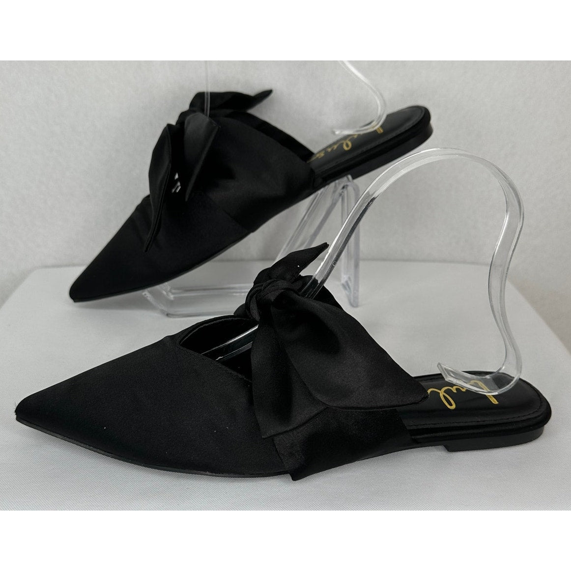 Lulus Sylviee Black Satin Pointed Toe Bow Mules Flats Party Shoes 8