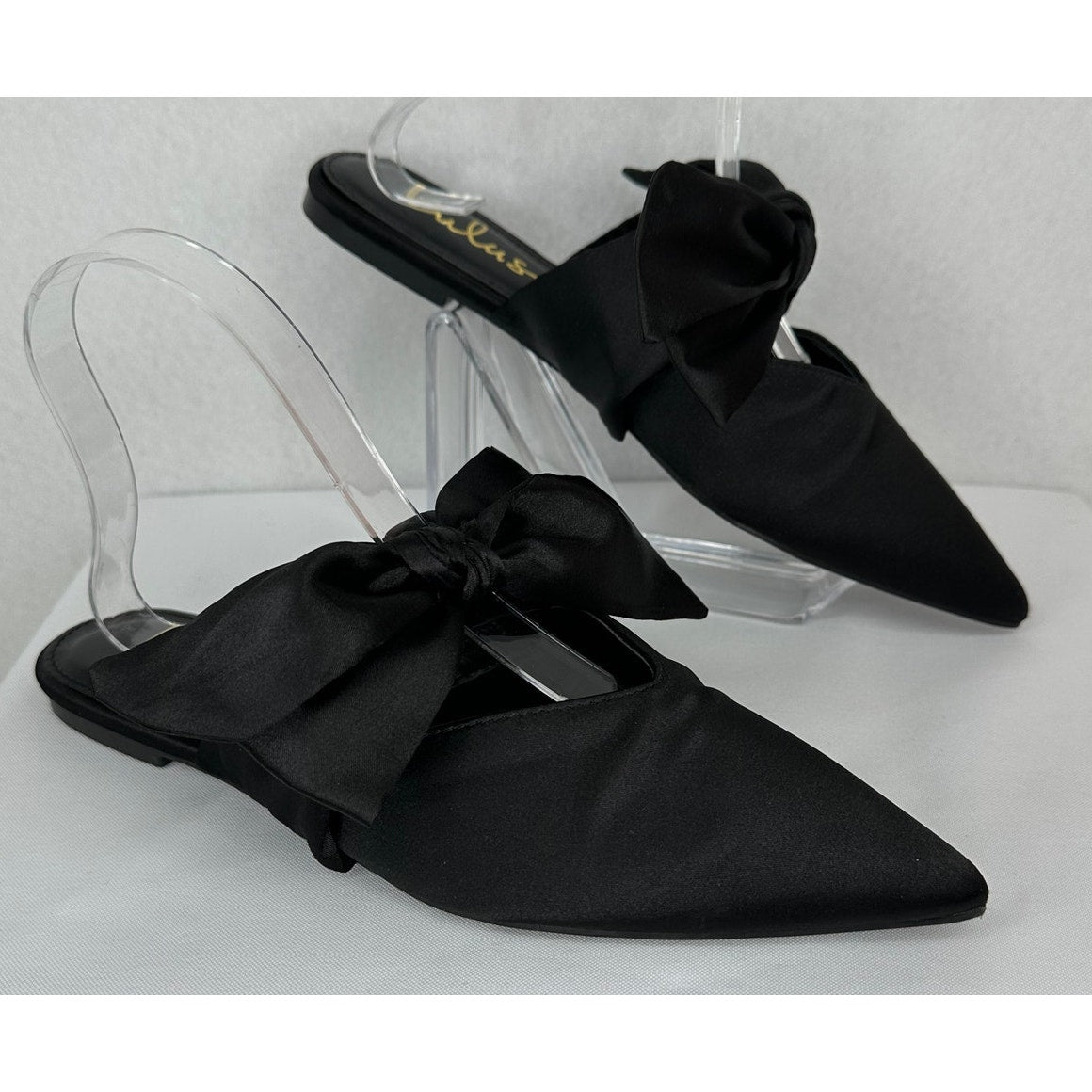 Lulus Sylviee Black Satin Pointed Toe Bow Mules Flats Party Shoes 8