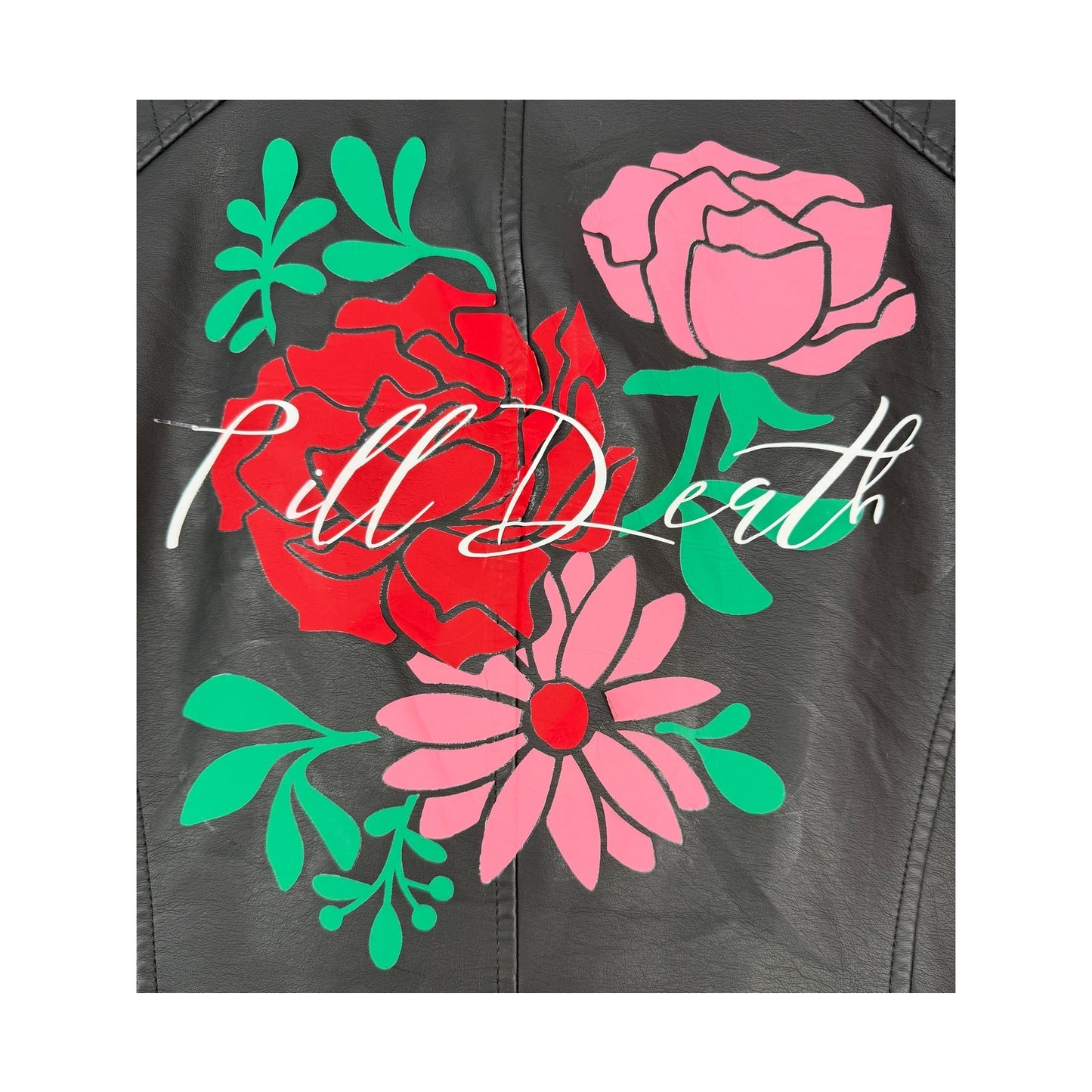 Fahsyee Black Vegan Leather Moto Biker Jacket Roses and Till Death L