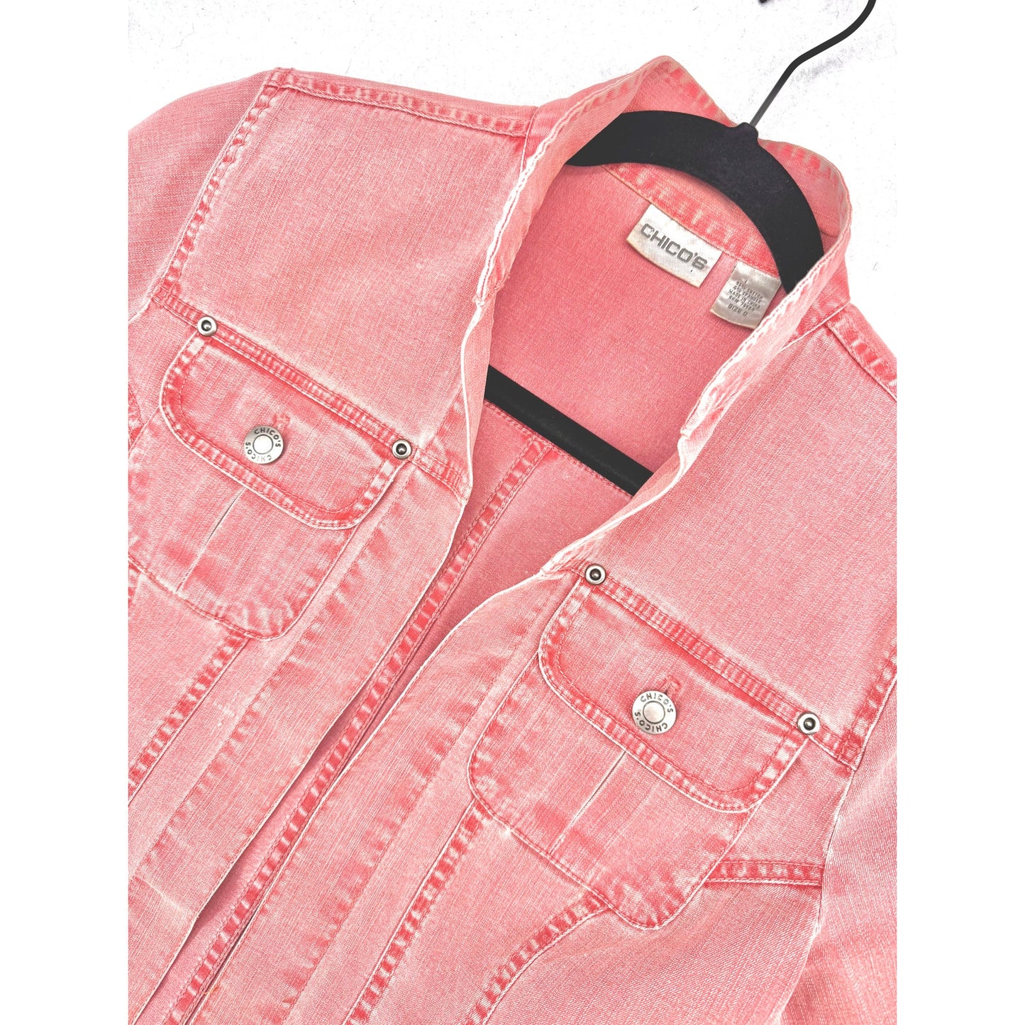 Chico's Red Coral Wash Stretch Open Front Jean Denim Trucker Jacket 0