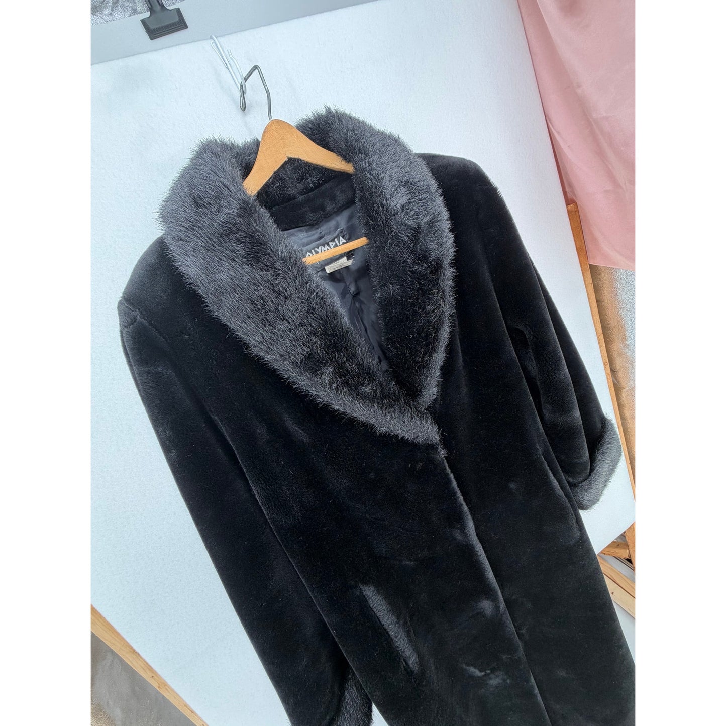 Olympia Limited Inc Black Faux Fur Long Coat Pockets Fully Lined 3 Clasp Closure L