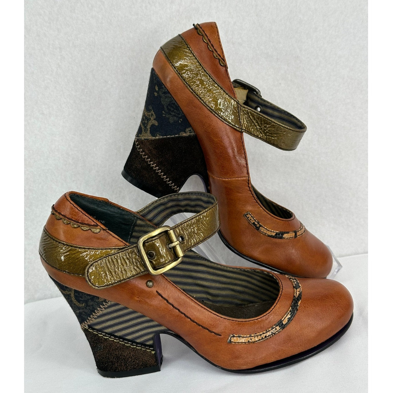 Bobbi Blu Spruce Anthropologie Patchwork Heel Brown Leather Mary Jane Heels 6.5M