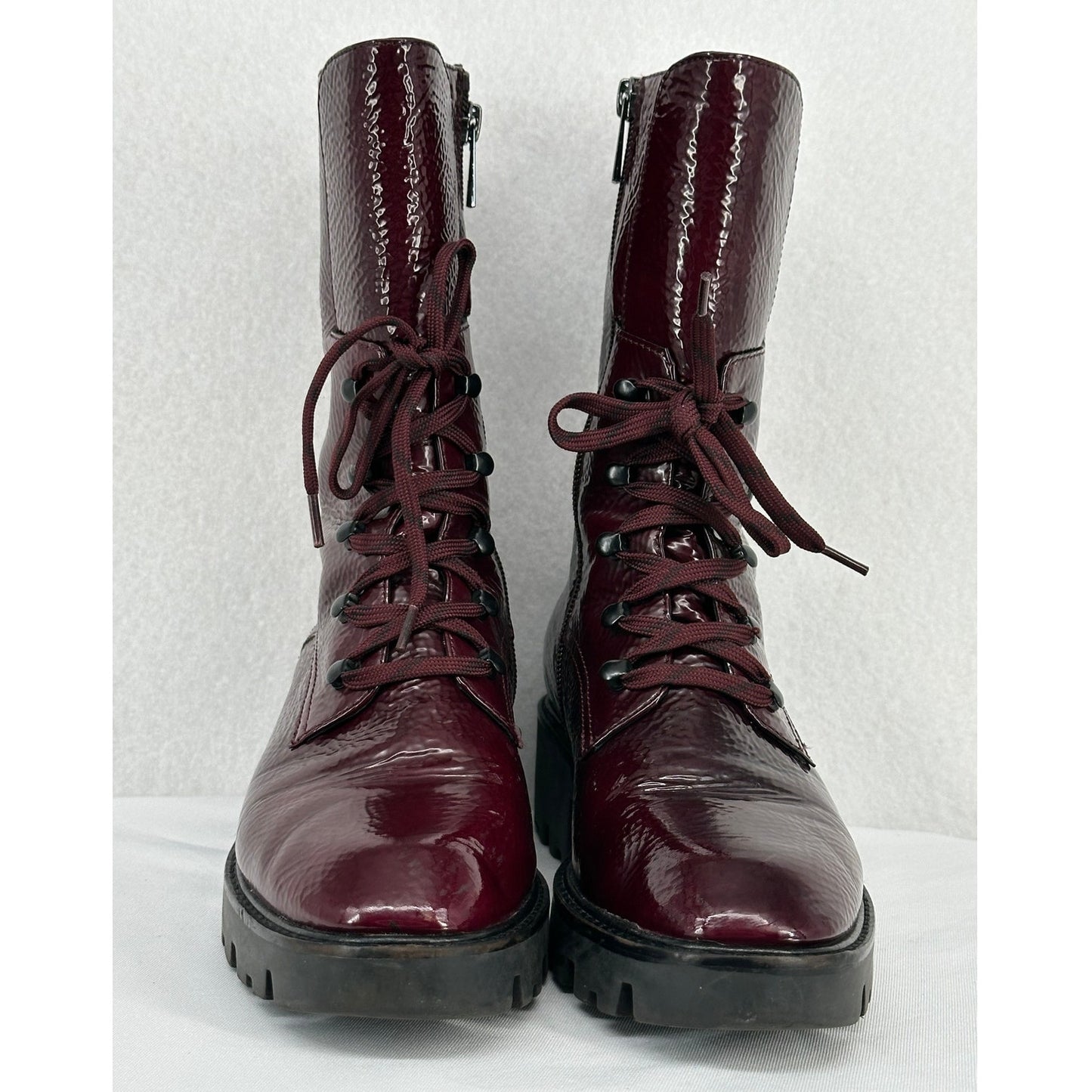 Donald J Pliner Elyas Burgundy Patent Leather Lugged Sole Moto Boots 7.5M