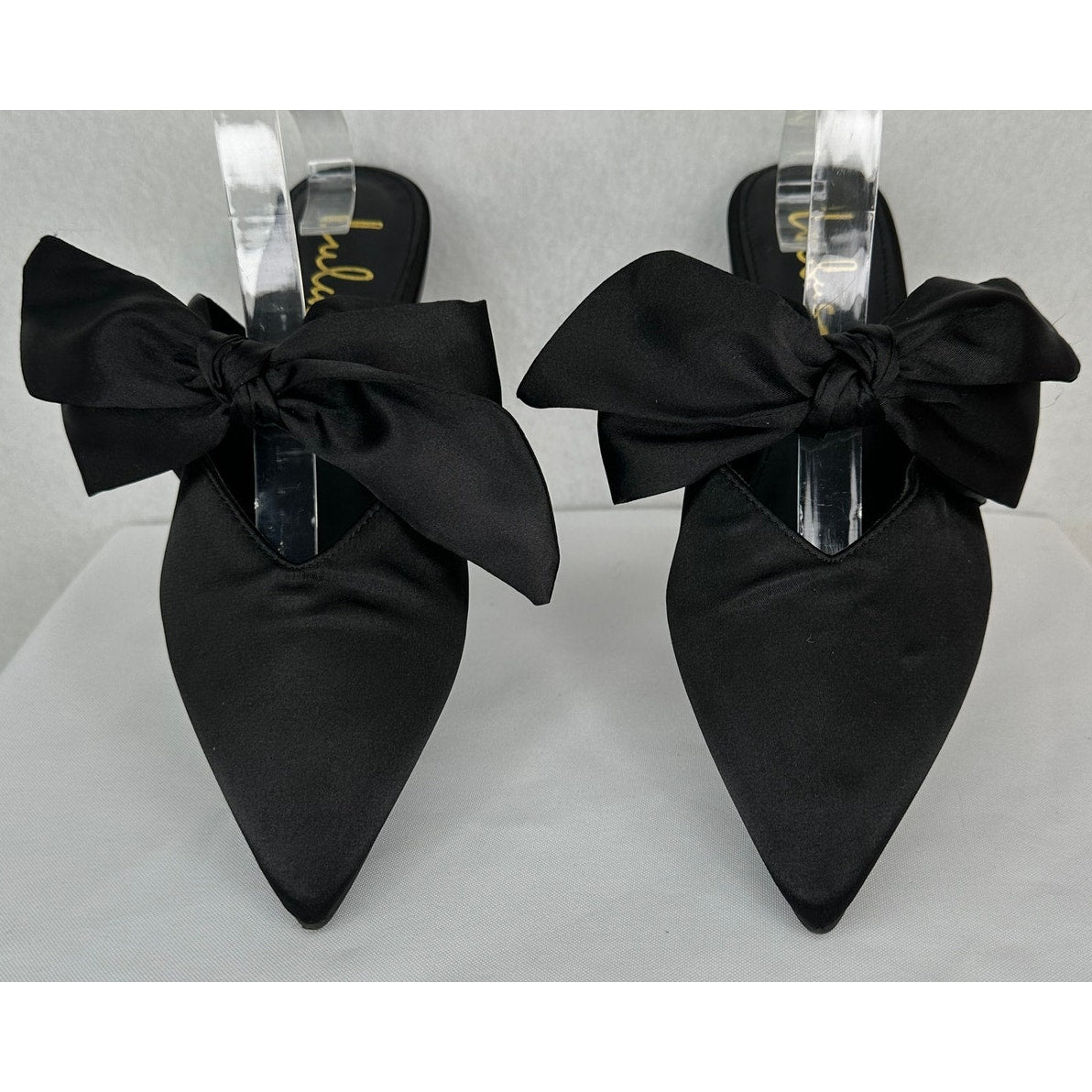 Lulus Sylviee Black Satin Pointed Toe Bow Mules Flats Party Shoes 8