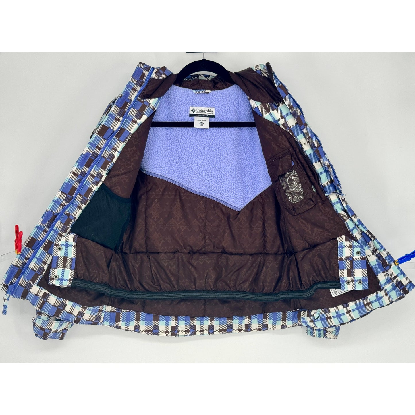Columbia Youth 14/16 Winter Hooded Periwinkle Brown White Plaid Snow Coat