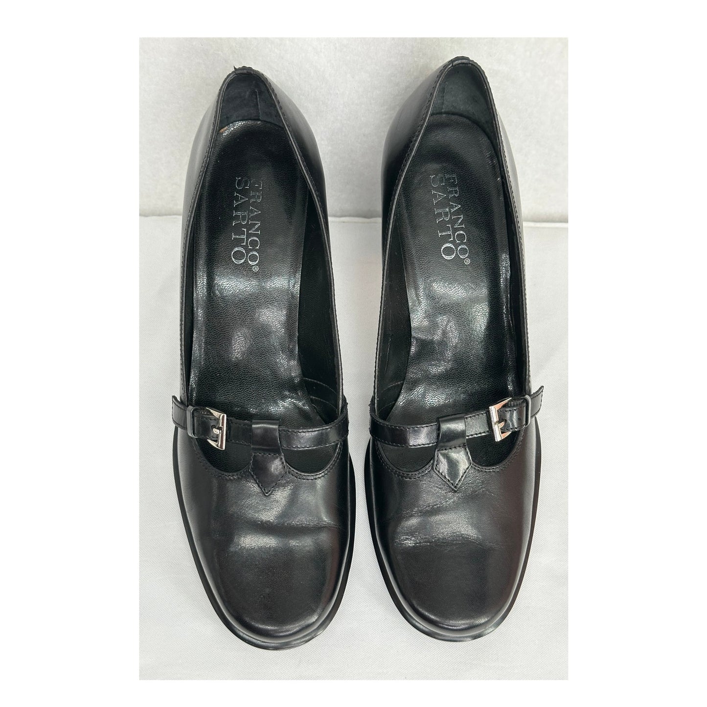 Franco Sarto Black Leather Mary Jane T Strap Round Toe Chunky Block Heels 7M
