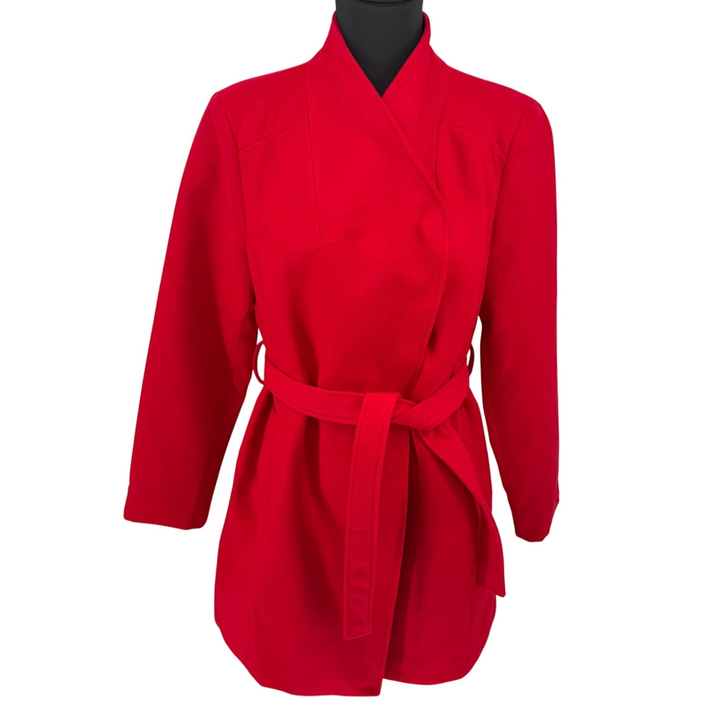 Venus Red Belted Snap Front Lined Winter Trenchcoat Pockets Holiday Faux Wool M