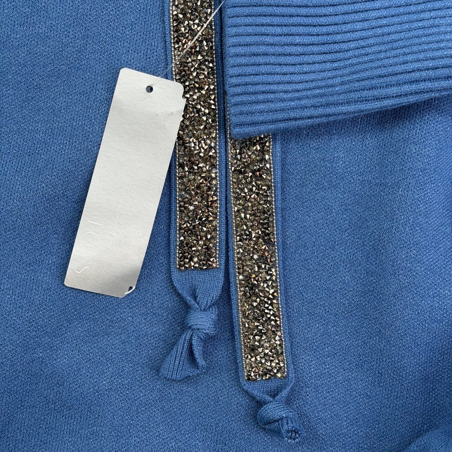 Bluoltre Blue Hooded Knit Top with Embellished Ties NWT